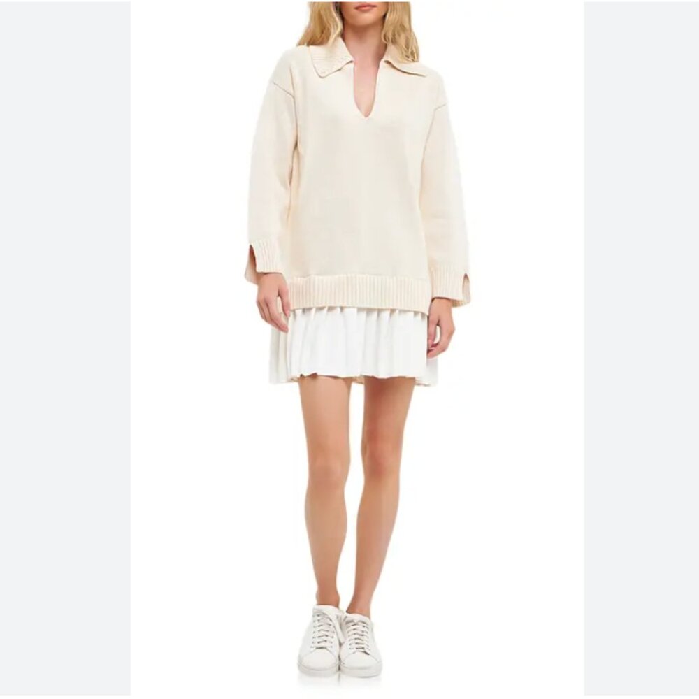 English Factory Mixed Media Pleated Mini Sweater Dress White & Cream